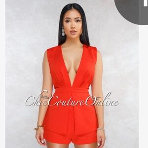 Red deep v neck romper